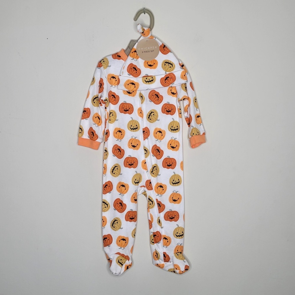 NWT Chickpea Unisex Baby 6/9‎ M Pumpkin Patch 2 Pc Jumpsuit Sleep N Play Cap Set